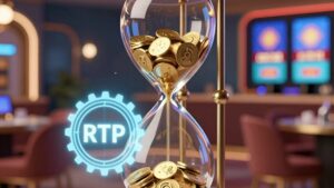 Gold coins flowing through a glass hourglass illustrating October 2026 Trends Progressive Slot RTP