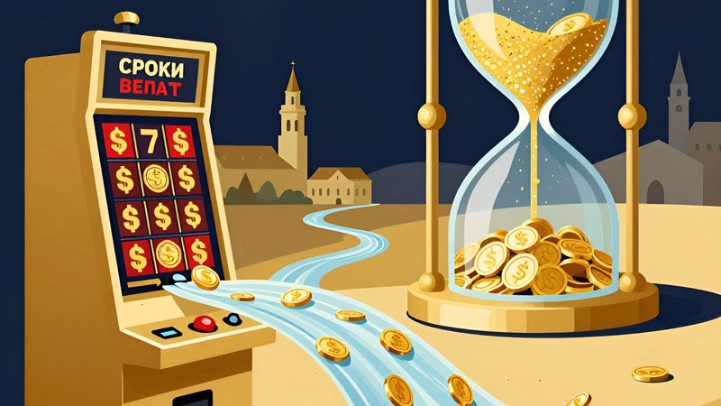 Золотой поток монет от слота к хранилищу с песочными часами, символизирующий сроки выплат джекпотов Cepat Jackpot